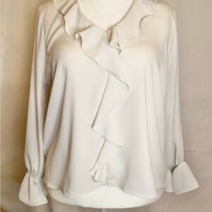 Cato White Ruffle Front V-Neck Blouse
